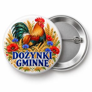 Przypinka Dożynki Gminne z Kogutem: kolorowa przypinka na dożynki z napisem DOŻYNKI GMINNE – przód i aluminiowy tył z agrafką