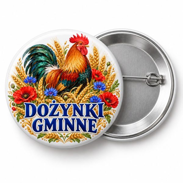 Przypinka Dożynki Gminne z Kogutem: kolorowa przypinka na dożynki z napisem DOŻYNKI GMINNE – przód i aluminiowy tył z agrafką