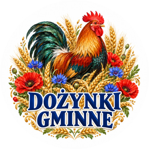 Wzór: Przypinka Dożynki Gminne z Kogutem – pastelowa grafika z napisem DOŻYNKI GMINNE