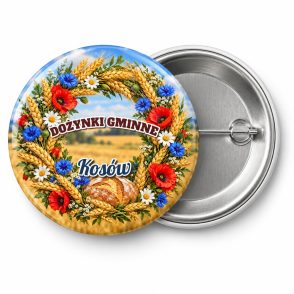 Przypinka Dożynki Gminne z Miejscowością: kolorowa przypinka na dożynki z napisem DOŻYNKI GMINNE oraz polem miejscowość (np. Kosów) – przód i aluminiowy tył z agrafką