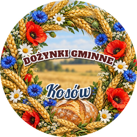 Wzór: Przypinka Dożynki Gminne z Miejscowością – napis DOŻYNKI GMINNE i pole miejscowość na pastelowym tle