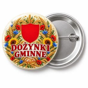 Przypinka Dożynki Herb i Wieniec: kolorowa przypinka na dożynki z napisem DOŻYNKI GMINNE – przód i aluminiowy tył z agrafką