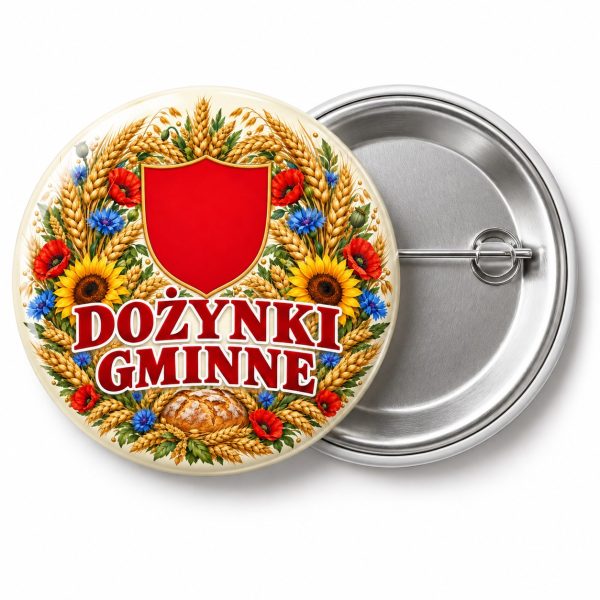 Przypinka Dożynki Herb i Wieniec: kolorowa przypinka na dożynki z napisem DOŻYNKI GMINNE – przód i aluminiowy tył z agrafką