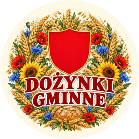 Wzór: Przypinka Dożynki Herb i Wieniec – pastelowa grafika z napisem DOŻYNKI GMINNE