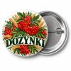 Przypinka Dożynki Jarzębina: kolorowa przypinka na dożynki z napisem DOŻYNKI – przód i aluminiowy tył z agrafką
