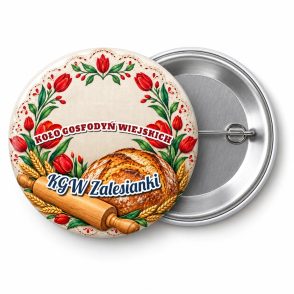 Przypinka Dożynki Koła Gospodyń Wiejskich: kolorowa przypinka na dożynki z napisem KOŁO GOSPODYŃ WIEJSKICH oraz polem nazwa koła (np. KGW Zalesianki) – przód i aluminiowy tył z agrafką