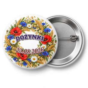 Przypinka Dożynki Kwiaty Polne: kolorowa przypinka na dożynki z napisem DOŻYNKI oraz polem data (np. 23.08.2026) – przód i aluminiowy tył z agrafką