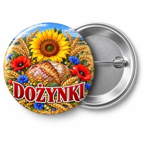 Przypinka Dożynki Łany Zbóż: kolorowa przypinka na dożynki z napisem DOŻYNKI – przód i aluminiowy tył z agrafką