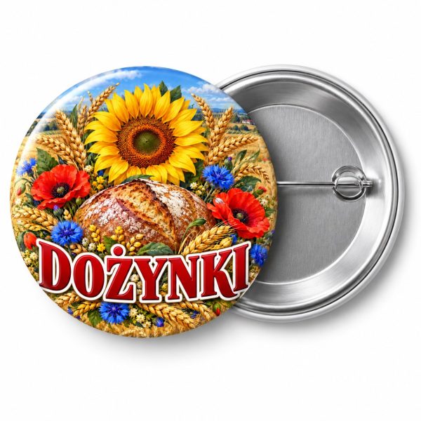 Przypinka Dożynki Łany Zbóż: kolorowa przypinka na dożynki z napisem DOŻYNKI – przód i aluminiowy tył z agrafką