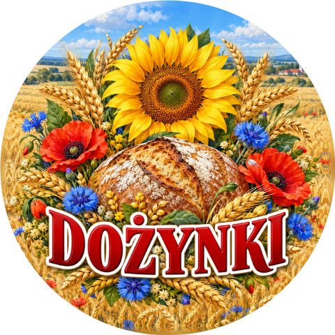 Wzór: Przypinka Dożynki Łany Zbóż – pastelowa grafika z napisem DOŻYNKI