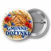 Przypinka Dożynki Maki i Modraki: kolorowa przypinka na dożynki z napisem GMINNE DOŻYNKI – przód i aluminiowy tył z agrafką