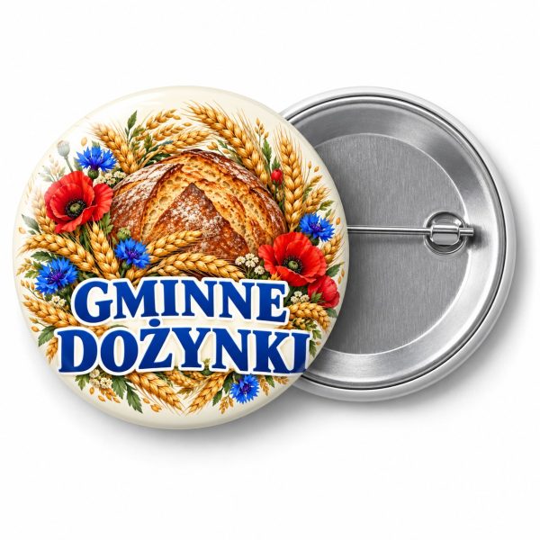 Przypinka Dożynki Maki i Modraki: kolorowa przypinka na dożynki z napisem GMINNE DOŻYNKI – przód i aluminiowy tył z agrafką
