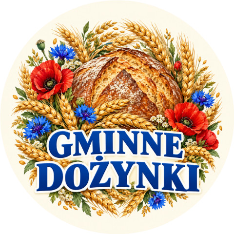 Wzór: Przypinka Dożynki Maki i Modraki – pastelowa grafika z napisem GMINNE DOŻYNKI