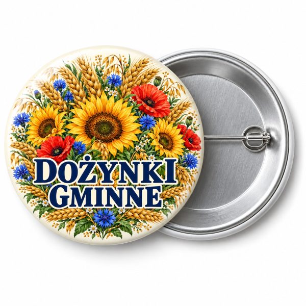 Przypinka Dożynki Malowane: kolorowa przypinka na dożynki z napisem DOŻYNKI GMINNE – przód i aluminiowy tył z agrafką