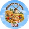Wzór: Przypinka Dożynki Młyn i Chleb – napis DOŻYNKI WIEJSKIE i pole miejscowość na pastelowym tle