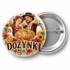 Przypinka Dożynki Para Rolników z Bochnem: kolorowa przypinka na dożynki z napisem DOŻYNKI – przód i aluminiowy tył z agrafką