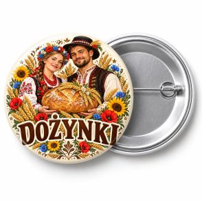 Przypinka Dożynki Para Rolników z Bochnem: kolorowa przypinka na dożynki z napisem DOŻYNKI – przód i aluminiowy tył z agrafką