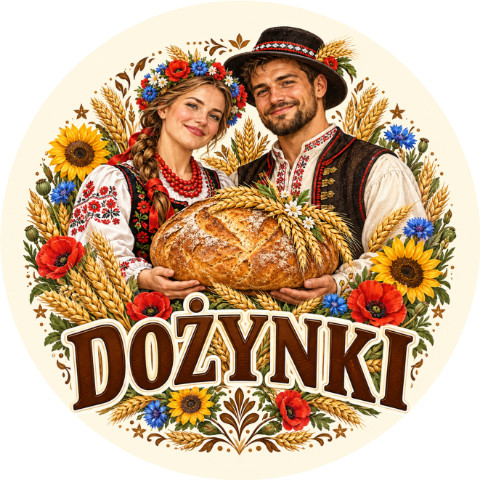 Wzór: Przypinka Dożynki Para Rolników z Bochnem – pastelowa grafika z napisem DOŻYNKI