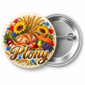 Przypinka Dożynki Plony: kolorowa przypinka na dożynki z napisem Plony – przód i aluminiowy tył z agrafką