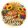 Wzór: Przypinka Dożynki Plony – pastelowa grafika z napisem Plony