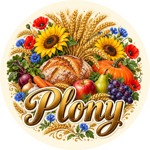Wzór: Przypinka Dożynki Plony – pastelowa grafika z napisem Plony