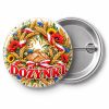 Przypinka Dożynki Polskie: kolorowa przypinka na dożynki z napisem DOŻYNKI – przód i aluminiowy tył z agrafką