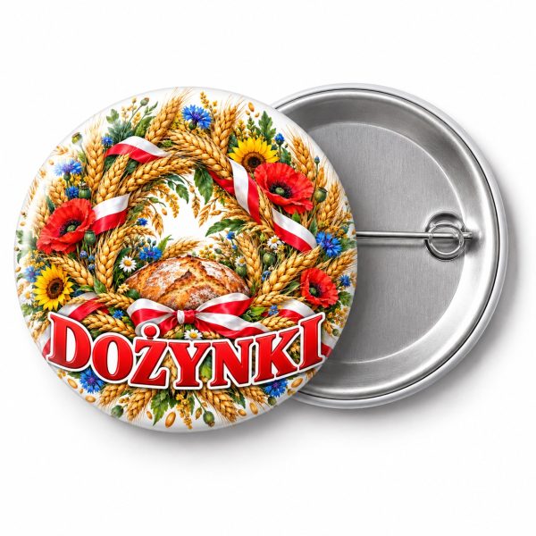 Przypinka Dożynki Polskie: kolorowa przypinka na dożynki z napisem DOŻYNKI – przód i aluminiowy tył z agrafką