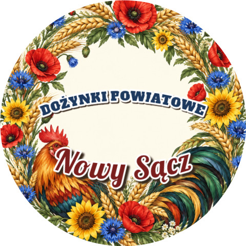 Wzór: Przypinka Dożynki Powiatowe – napis DOŻYNKI POWIATOWE i pole miejscowość na pastelowym tle