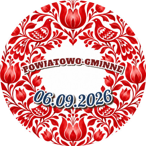 Wzór: Przypinka Dożynki Powiatowo-Gminne – napis POWIATOWO-GMINNE i pole data na pastelowym tle