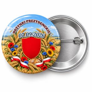 Przypinka Dożynki Prezydenckie: kolorowa przypinka na dożynki z napisem DOŻYNKI PREZYDENCKIE oraz polem data (np. 07.09.2026) – przód i aluminiowy tył z agrafką
