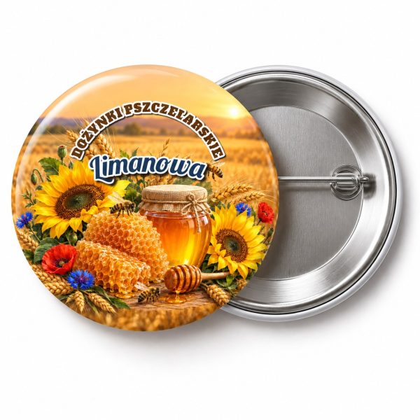 Przypinka Dożynki Pszczelarskie: kolorowa przypinka na dożynki z napisem DOŻYNKI PSZCZELARSKIE oraz polem miejscowość (np. Limanowa) – przód i aluminiowy tył z agrafką