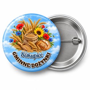Przypinka Dożynki Pszenica: kolorowa przypinka na dożynki z napisem GMINNE DOŻYNKI oraz polem miejscowość (np. Biskupice) – przód i aluminiowy tył z agrafką
