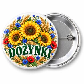 Przypinka Dożynki Słoneczniki i Chabry: kolorowa przypinka na dożynki z napisem DOŻYNKI – przód i aluminiowy tył z agrafką