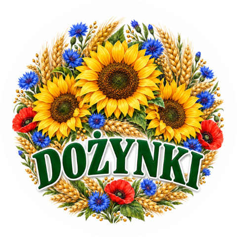 Wzór: Przypinka Dożynki Słoneczniki i Chabry – pastelowa grafika z napisem DOŻYNKI