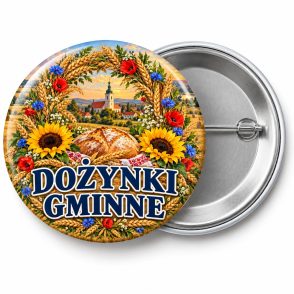 Przypinka Dożynki w Stylu Malarskim: kolorowa przypinka na dożynki z napisem DOŻYNKI GMINNE – przód i aluminiowy tył z agrafką