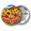Przypinka Dożynki Wiejski Pejzaż: kolorowa przypinka na dożynki z napisem DOŻYNKI – przód i aluminiowy tył z agrafką