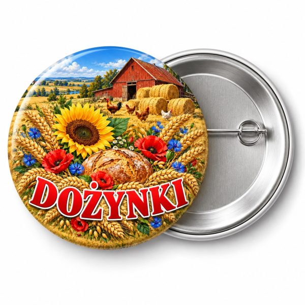 Przypinka Dożynki Wiejski Pejzaż: kolorowa przypinka na dożynki z napisem DOŻYNKI – przód i aluminiowy tył z agrafką