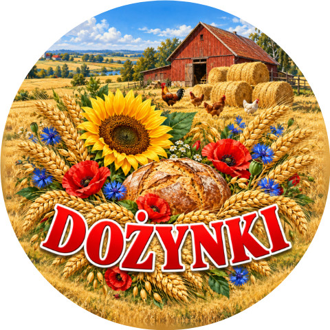 Wzór: Przypinka Dożynki Wiejski Pejzaż – pastelowa grafika z napisem DOŻYNKI