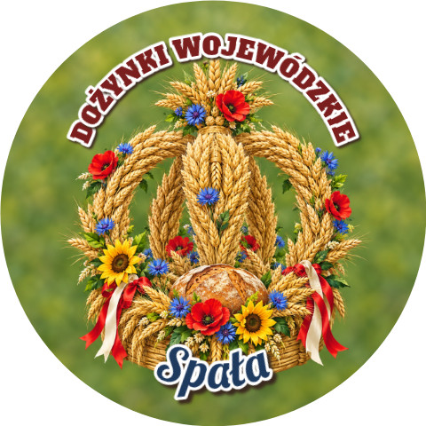 Wzór: Przypinka Dożynki Wojewódzkie – napis DOŻYNKI WOJEWÓDZKIE i pole miejscowość na pastelowym tle