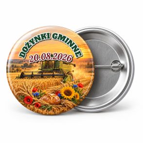 Przypinka Dożynki z Kombajnem: kolorowa przypinka na dożynki z napisem DOŻYNKI GMINNE oraz polem data (np. 20.08.2026) – przód i aluminiowy tył z agrafką