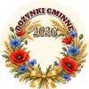 Wzór: Przypinka Dożynki z Rokiem – napis DOŻYNKI GMINNE i pole rok na pastelowym tle