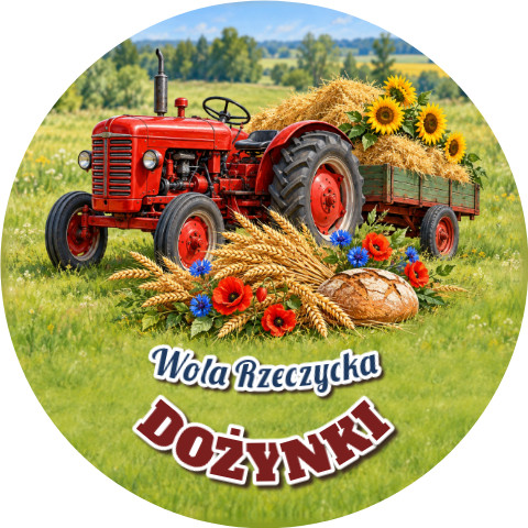 Wzór: Przypinka Dożynki z Traktorem – napis DOŻYNKI i pole miejscowość na pastelowym tle