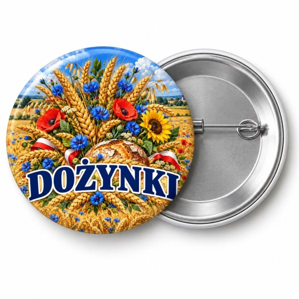Przypinka Dożynki Zboże i Chabry: kolorowa przypinka na dożynki z napisem DOŻYNKI – przód i aluminiowy tył z agrafką