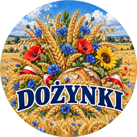 Wzór: Przypinka Dożynki Zboże i Chabry – pastelowa grafika z napisem DOŻYNKI