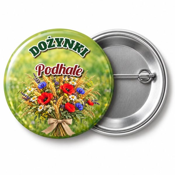 Przypinka Dożynki Zioła i Kwiaty: kolorowa przypinka na dożynki z napisem DOŻYNKI oraz polem miejscowość (np. Podhale) – przód i aluminiowy tył z agrafką