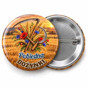 Przypinka Dożynki Żniwa: kolorowa przypinka na dożynki z napisem DOŻYNKI oraz polem miejscowość (np. Pobiedna) – przód i aluminiowy tył z agrafką