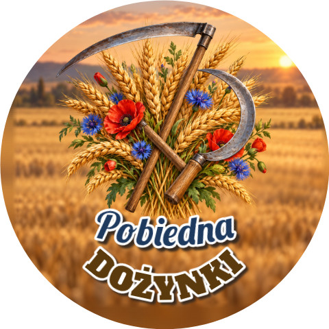 Wzór: Przypinka Dożynki Żniwa – napis DOŻYNKI i pole miejscowość na pastelowym tle