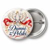 Przypinka Dumni z Polski: przypinka na 11 Listopada z napisem Dumni z Polski – przód i aluminiowy tył z agrafką