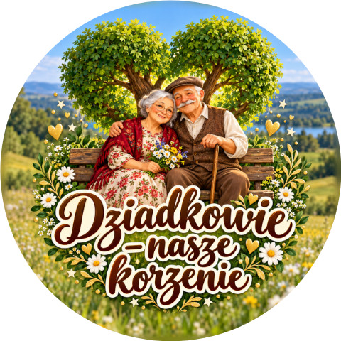 Wzór: Przypinka Dziadkowie to Korzenie – pastelowa grafika z napisem Dziadkowie – nasze korzenie