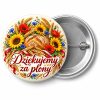 Przypinka Dziękujemy za Plony: kolorowa przypinka na dożynki z napisem Dziękujemy za plony – przód i aluminiowy tył z agrafką